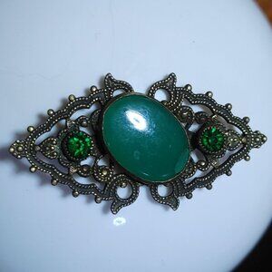 Antique Vintage Brass Brooch Green Cabochon Rhinestone Ornate Filigree FLAW
